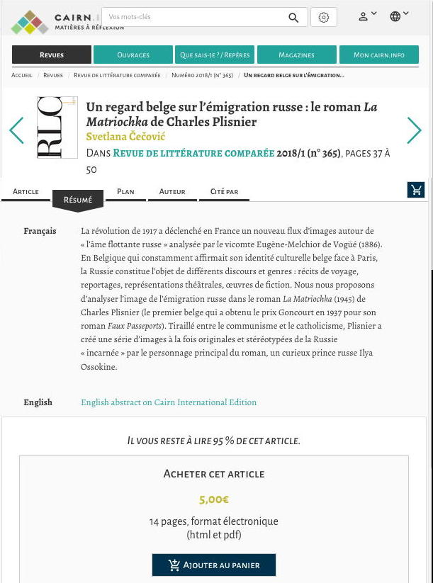 Page Internet. RCL Un regard belge sur l|émigration russe - le roman La Matriochka de Charles Plisnier. 2018-09-12